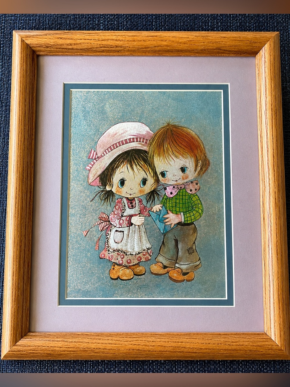 Foil Art Boy Girl Print 10x12 Framed Nursery Cottage Wall Decor Oak Frame Vtg - Picture 2 of 6
